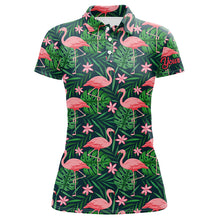 Load image into Gallery viewer, Womens golf polo shirts custom pink flamingo green tropical leaf pattern golf apparel for team ladies NQS7978