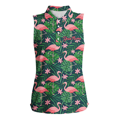 Womens sleeveless golf polo shirts custom pink flamingo green tropical leaf pattern golf apparel NQS7978