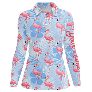 Womens golf polo shirts custom pink flamingo blue tropical pattern golf apparel for team ladies golfer NQS7979