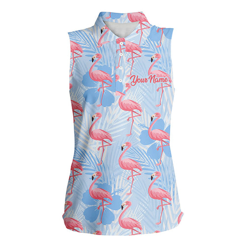 Womens sleeveless golf polo shirts custom pink flamingo blue tropical pattern golf apparel for ladies NQS7979