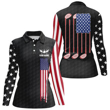 Load image into Gallery viewer, Womens golf polo shirts golf clubs American flag custom patriotic Black golf shirt for women NQS7981