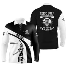 Load image into Gallery viewer, Black and white Mens disc golf polo shirts custom I play disc golf because I like it golf outfit men NQS6063