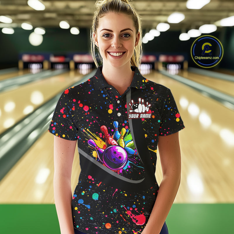 Colorful bowling jerseys Bowling Polo, 1/4 Zip Shirt for Women Custom Bowling Team shirts for bowlers NQS10363