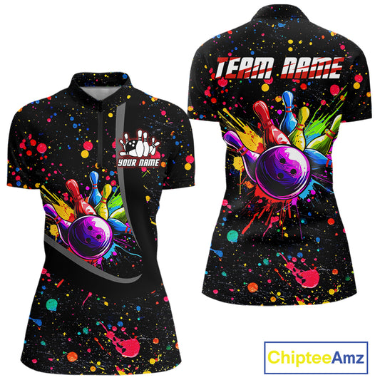 Colorful bowling jerseys Bowling Polo, 1/4 Zip Shirt for Women Custom Bowling Team shirts for bowlers NQS10363