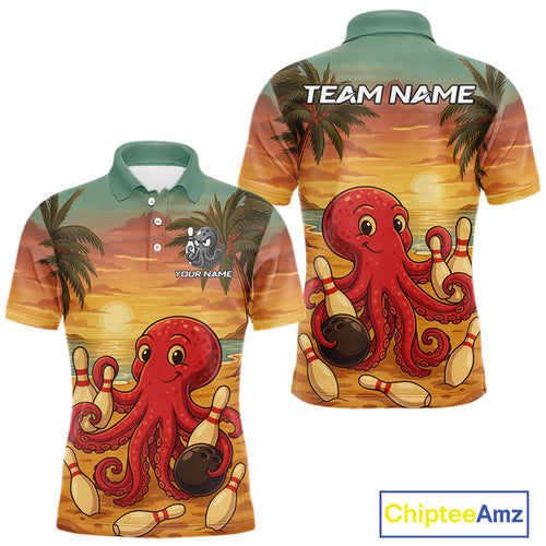 Funny Octopus Bowling Polo, Quarter Zip shirts for Men Custom Octopus Team bowling jersey NQS10587