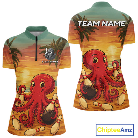 Funny Octopus Bowling Polo, Quarter Zip shirts for Women Custom Octopus Team bowling jersey NQS10587