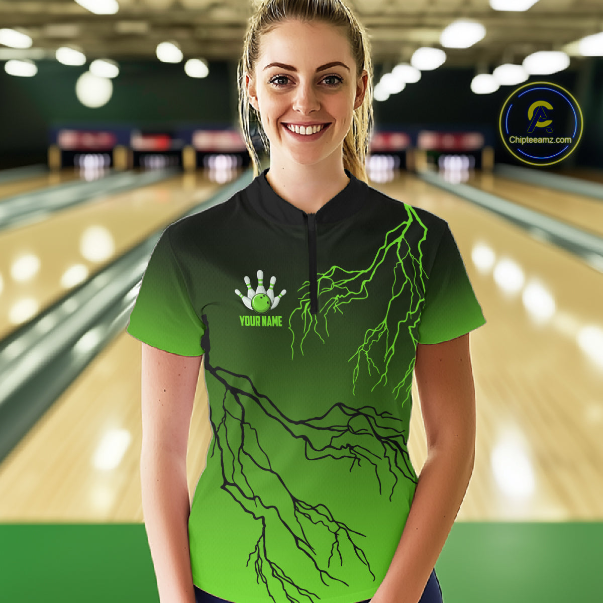 Black and Green gradient storm Lightning thunder Bowling shirts for Women Custom Bowling Team Jerseys NQS11171
