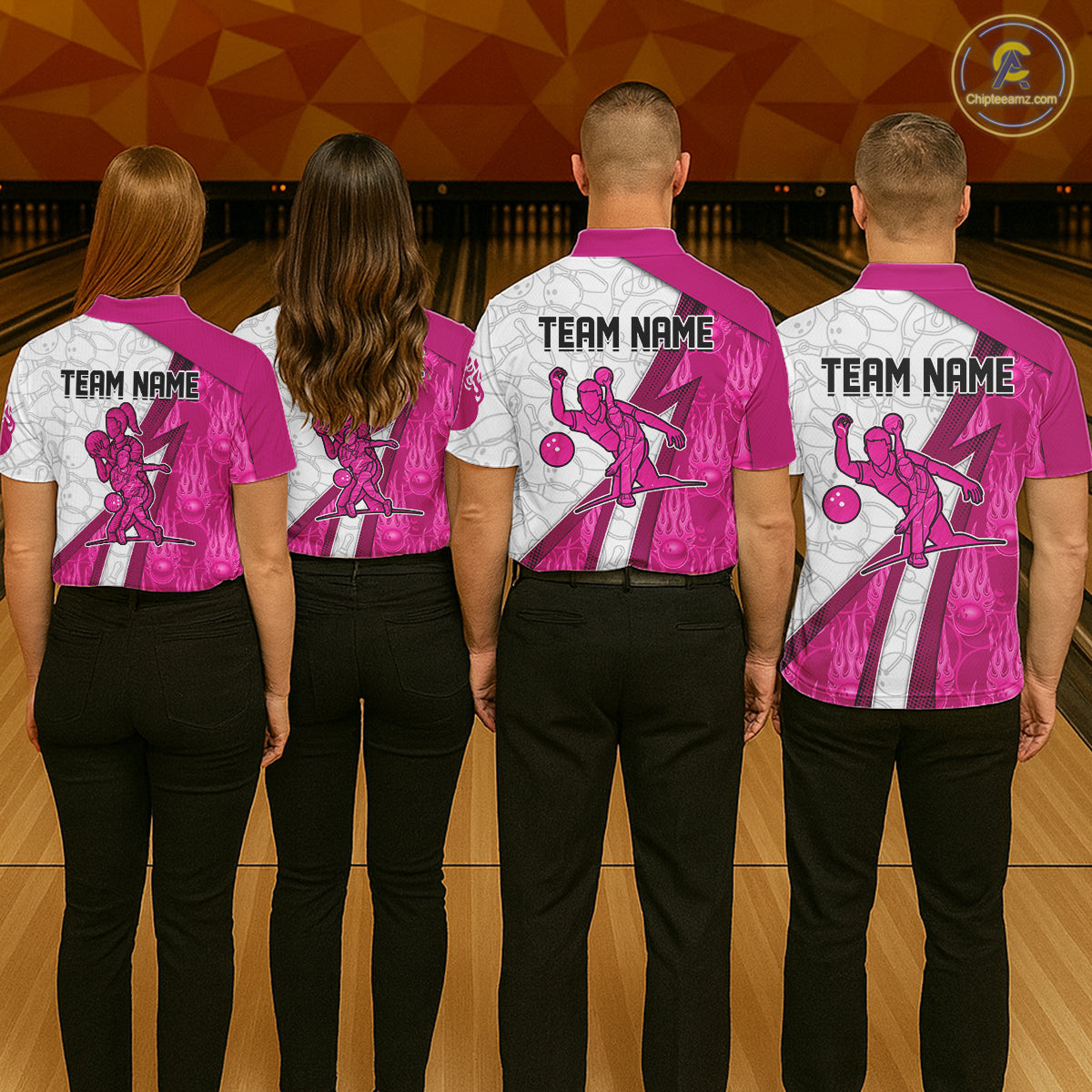 Custom Bowling Polo, Quarter Zip Shirt For Women Pink flame camo Bowling shirts, Bowling Team jerseys NQS11585