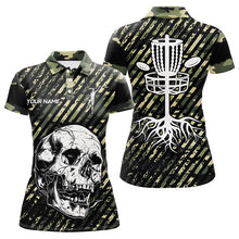 Load image into Gallery viewer, Green camo Women disc golf polo shirts custom skull team disc golf basket jerseys, disc golf outfit NQS7410