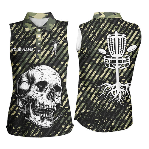 Green camo Women sleeveless disc golf polo shirts custom skull team disc golf basket jerseys NQS7410