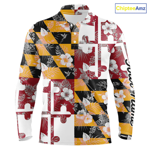 Maryland Flag tropical flower pattern Mens Golf polo shirts Custom mens patriotic golf shirts NQS10064