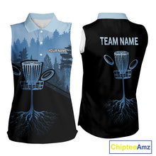 Load image into Gallery viewer, Black and Blue forest camo Womens sleeveless Disc golf polo shirts Custom team ladies disc golf wear NQS10065
