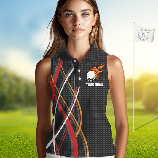 Women Sleeveless Golf polo shirts flame golf ball sport Custom golf outfit for ladies | Black NQS10066
