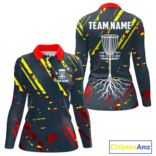 Blue, yellow and red background Womens Disc golf polo shirts Custom name disc golf clothing for team NQS10067