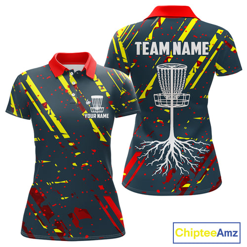 Blue, yellow and red background Womens Disc golf polo shirts Custom name disc golf clothing for team NQS10067