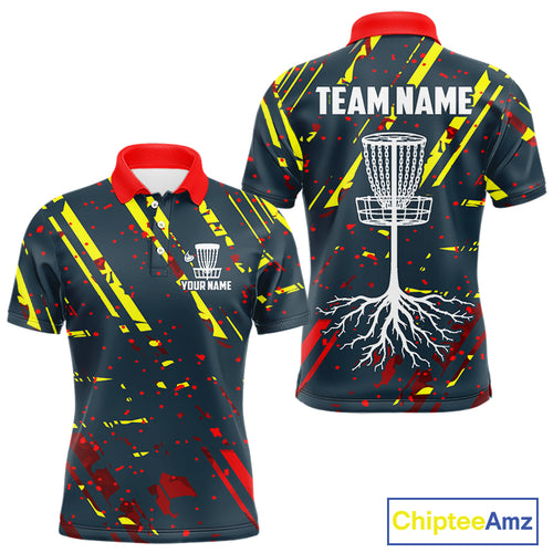 Blue, yellow and red background Mens Disc golf polo shirts Custom name disc golf clothing for team NQS10067