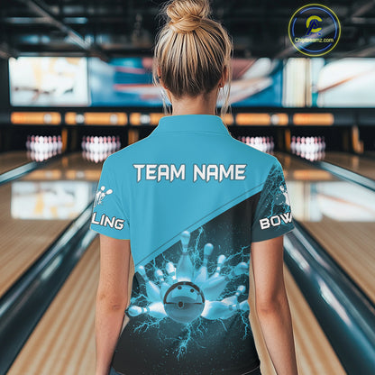Women bowling polo, 1/4 zip shirt Custom light blue lightning thunder Bowling Team Jersey Bowler Gift NQS10592