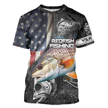 Load image into Gallery viewer, Redfish red drum fishing fish skeleton American flag Custom sun protection long sleeve fishing shirts NQS4053