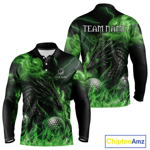 Green Flame Dragon Golf polo shirts For Men Custom Dragon team mens golf outfits, gift for golf lover NQS10791