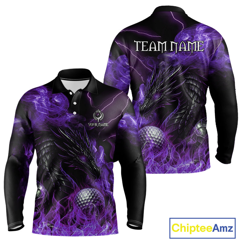 Purple Flame Dragon Golf polo shirt For Men Custom Dragon team mens golf outfits, gift for golf lover NQS10792