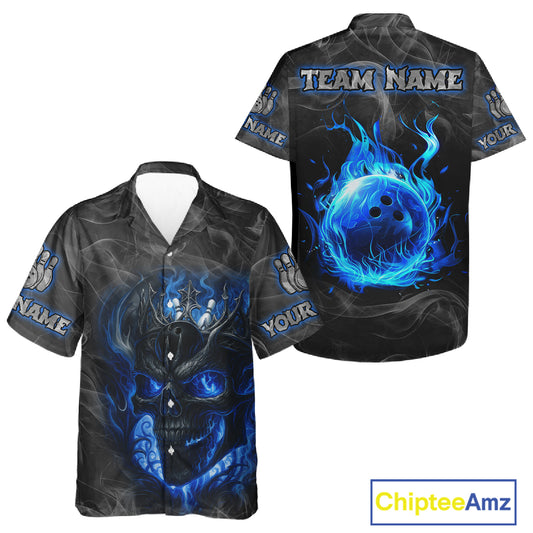 Grey Smoke Blue Flame Skull Bowling Hawaiian Shirt Custom Team Bowling Jerseys NQS11182