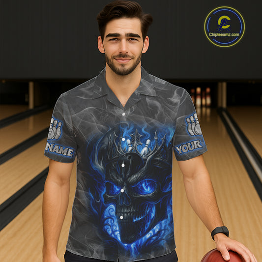 Grey Smoke Blue Flame Skull Bowling Hawaiian Shirt Custom Team Bowling Jerseys NQS11182