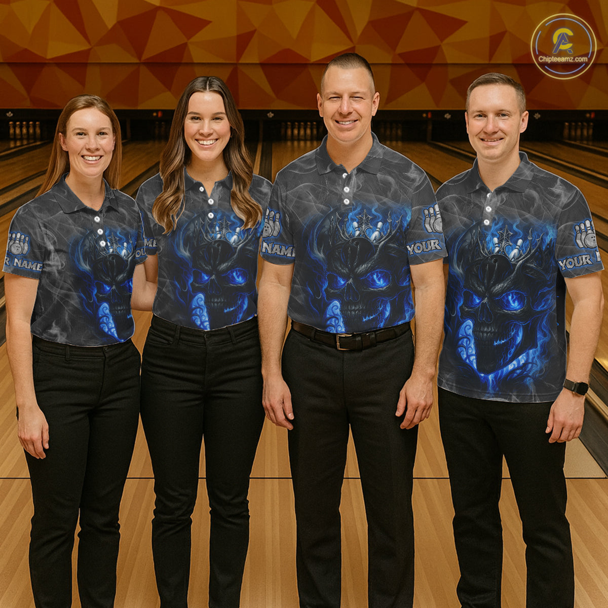 Grey Smoke Blue Flame Skull Bowling Polo, Quarter Zip Shirts For Men Custom Team Bowling Jerseys NQS11182