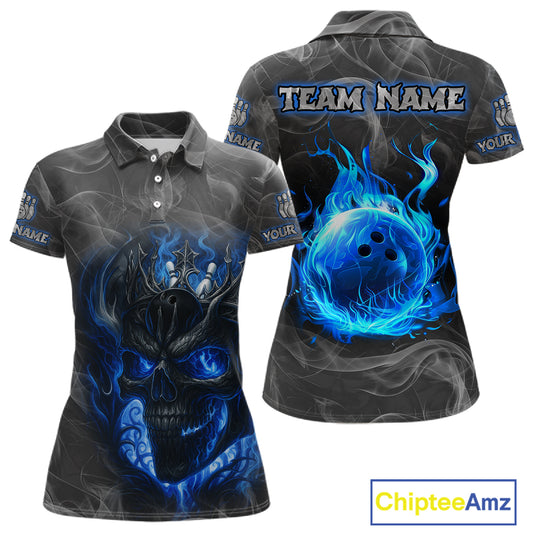 Grey Smoke Blue Flame Skull Bowling Polo, Quarter Zip Shirts For Women Custom Team Bowling Jerseys NQS11182
