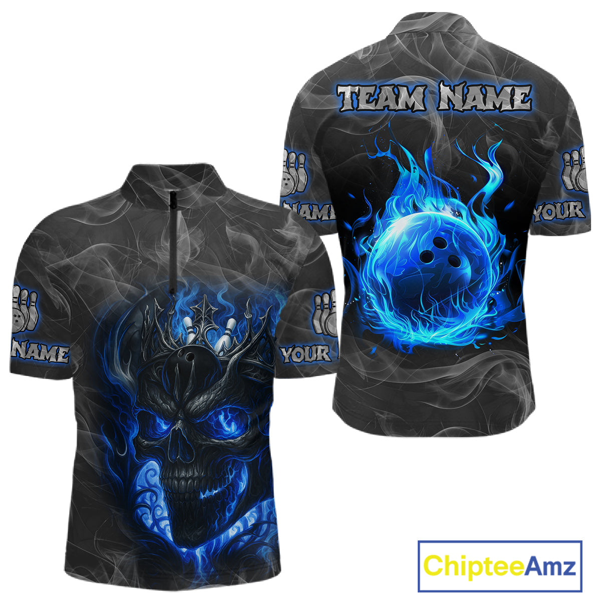 Grey Smoke Blue Flame Skull Bowling Polo, Quarter Zip Shirts For Men Custom Team Bowling Jerseys NQS11182