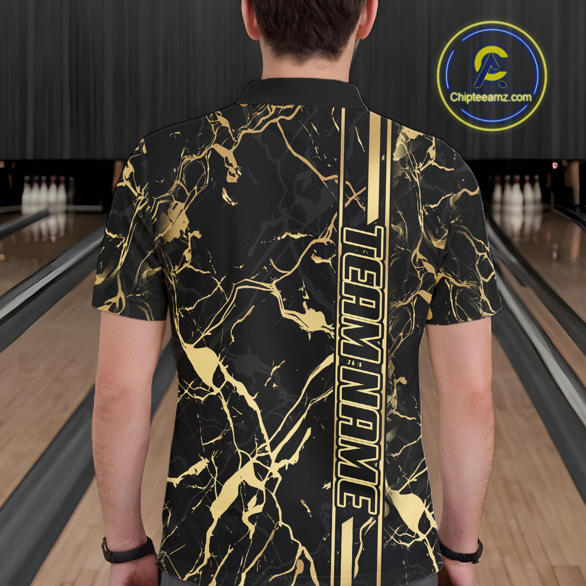 Black and Gold Camo Flame Bowling Polo, Quarter Zip Shirts For Men Custom Team Bowling Jerseys NQS11183