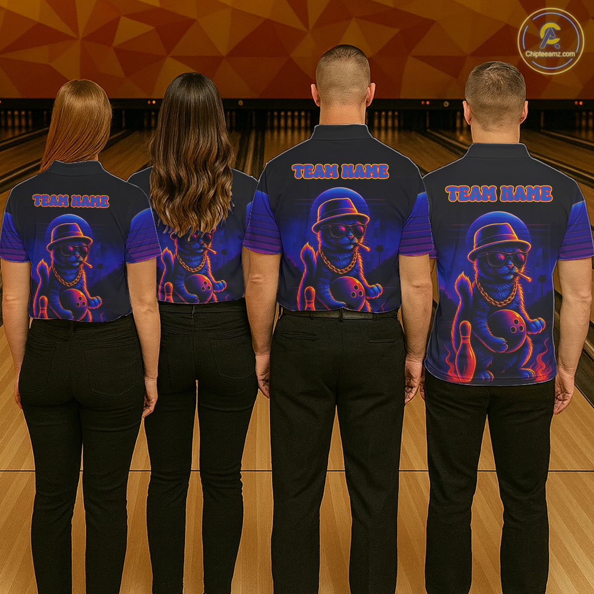 Custom Funny Cat Neon Bowling Jerseys for Men Bowling Uniform Polo & 1/4 Zip Bowling Team Shirts NQS11185