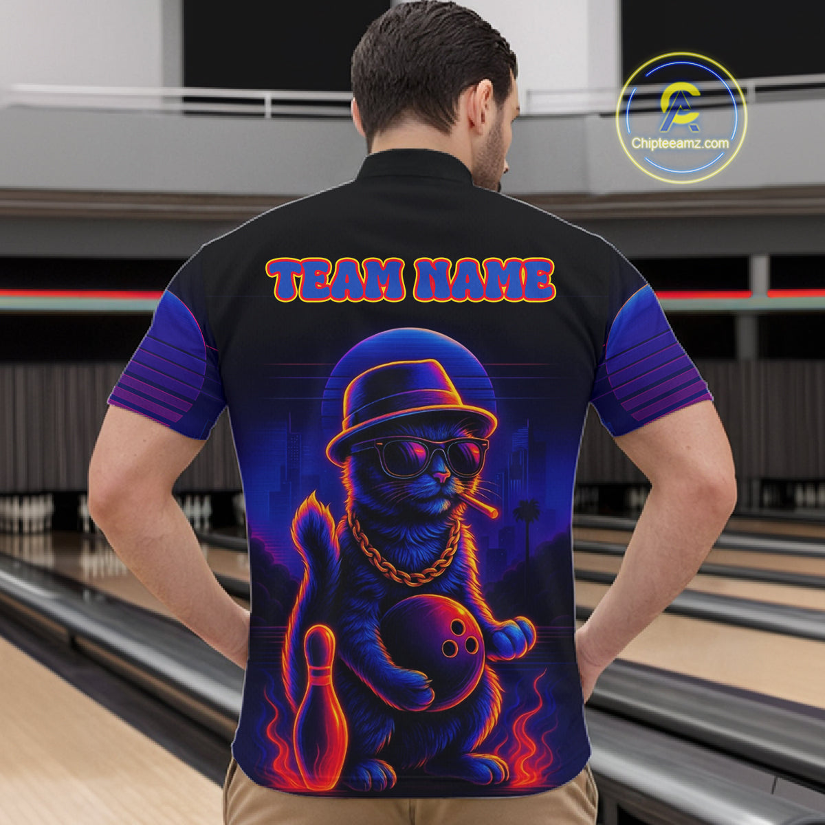 Custom Funny Cat Neon Bowling Jerseys for Men Bowling Uniform Polo & 1/4 Zip Bowling Team Shirts NQS11185