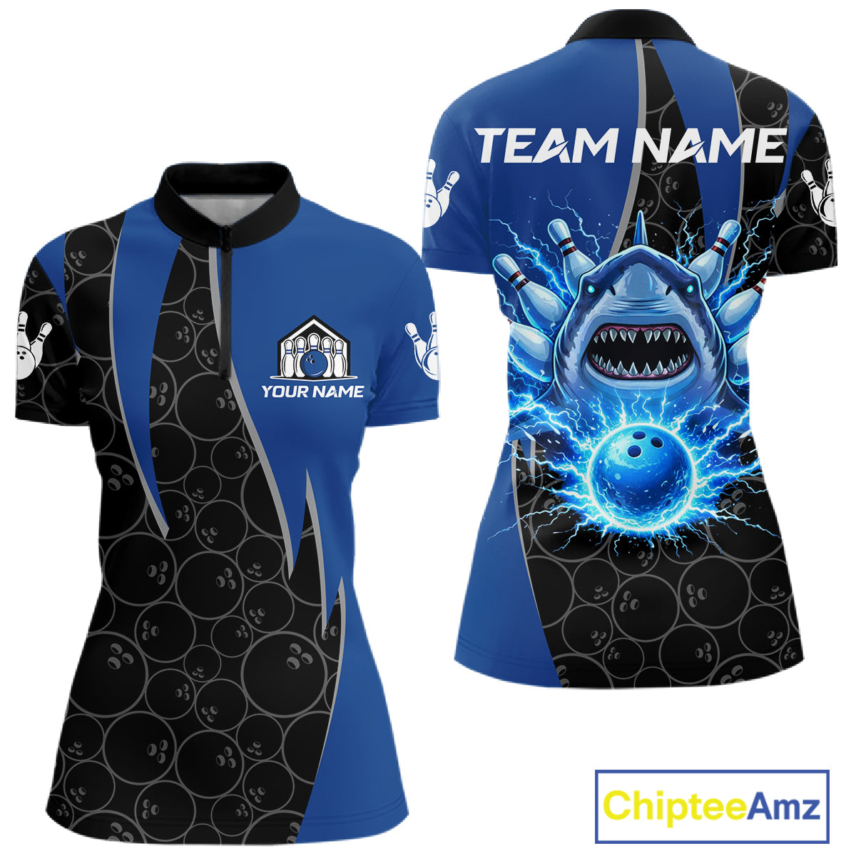 Black and blue lightning thunder shark bowling jerseys women custom bowling outfit ladies NQS11379