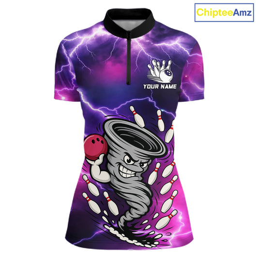 Custom Purple Bowling Jersey Lightning Thunder Funny tornado Womens Bowling Shirts, bowling uniforms NQS11594