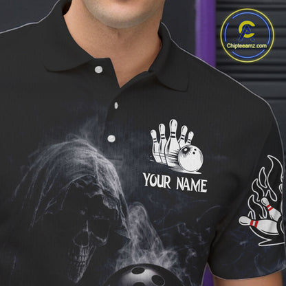 Custom Smoke Skull reaper Bowling Polo, 1/4 Zip Shirts for Men, Team bowling outfit Jerseys NQS11596