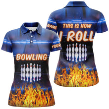 Load image into Gallery viewer, Custom blue bowling shirt for women – personalized team jersey front view