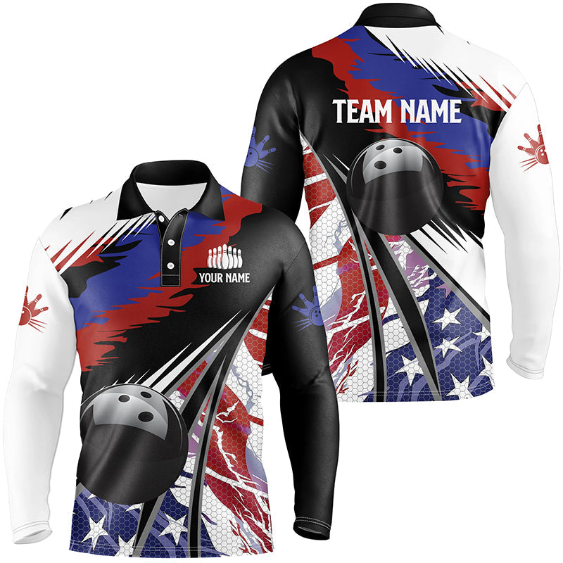 Mens Polo, Quarter Zip bowling shirts Custom black ball American Flag Bowling Team League Jerseys NQS7740