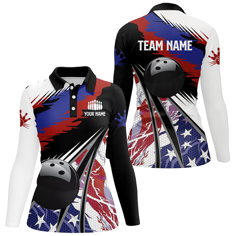 Womens Polo, Quarter Zip bowling shirts Custom black ball American Flag Bowling Team League Jerseys NQS7740