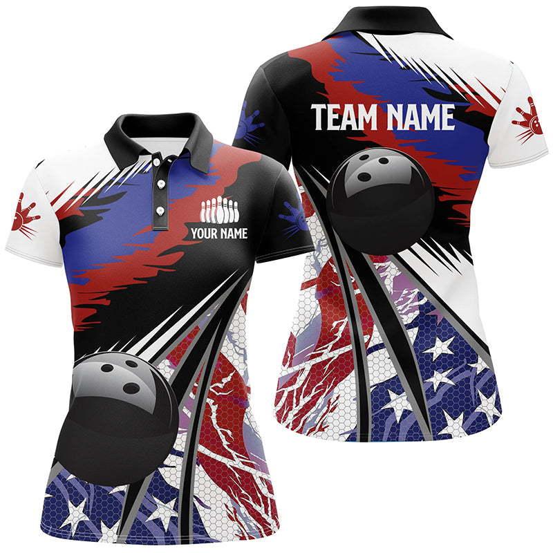 Womens Polo, Quarter Zip bowling shirts Custom black ball American Flag Bowling Team League Jerseys NQS7740
