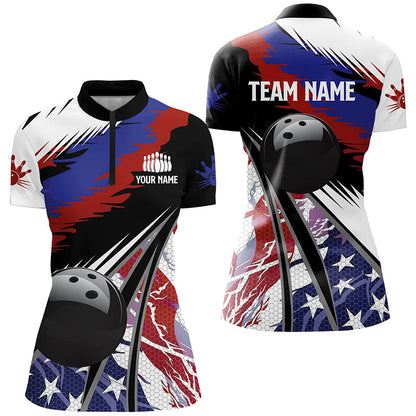 Womens Polo, Quarter Zip bowling shirts Custom black ball American Flag Bowling Team League Jerseys NQS7740