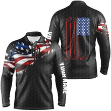 Load image into Gallery viewer, Personalized black golf polos shirt for men American flag 4th July custom name gifts for golf lovers NQS7746