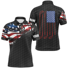 Load image into Gallery viewer, Personalized black golf polos shirt for men American flag 4th July custom name gifts for golf lovers NQS7746