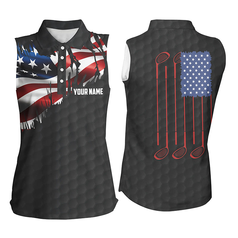 Personalized black Sleeveless golf polos shirt American flag 4th July custom gifts for golf lovers NQS7746