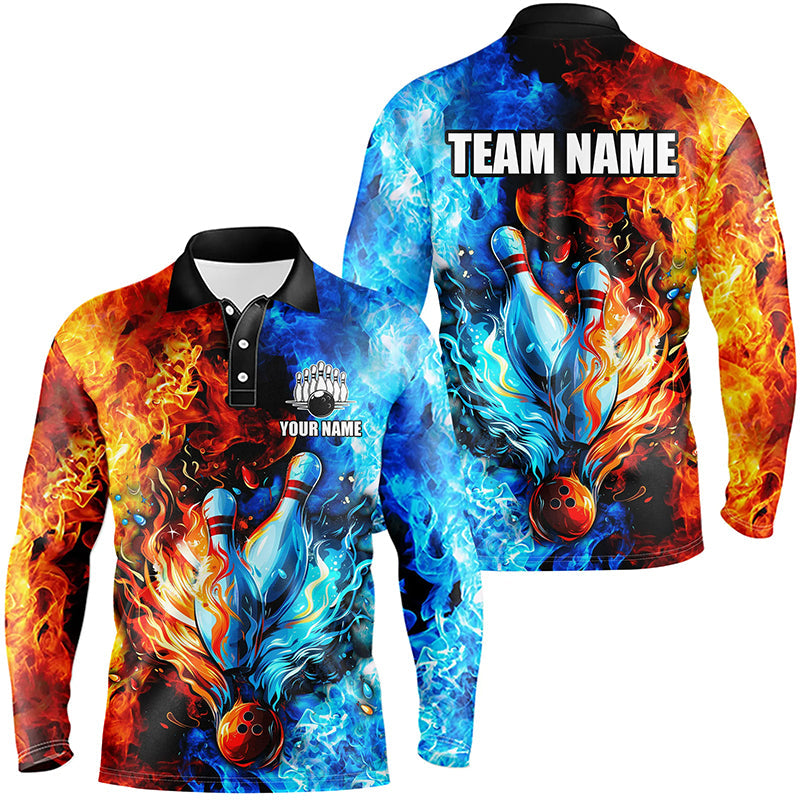 Blue and orange two sides Flame bowling Polo, Quarter Zip shirts for men Custom Bowling Team Jerseys NQS7749