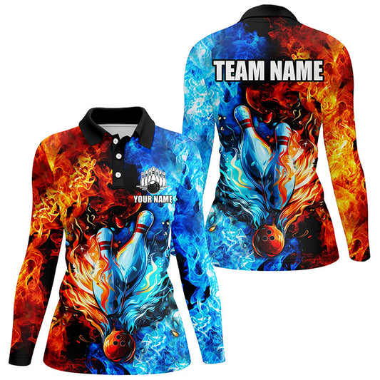 Blue and orange two sides Flame bowling Polo, Quarter Zip shirts for women Custom Bowling Team Jerseys NQS7749