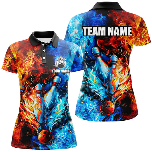 Blue and orange two sides Flame bowling Polo, Quarter Zip shirts for women Custom Bowling Team Jerseys NQS7749
