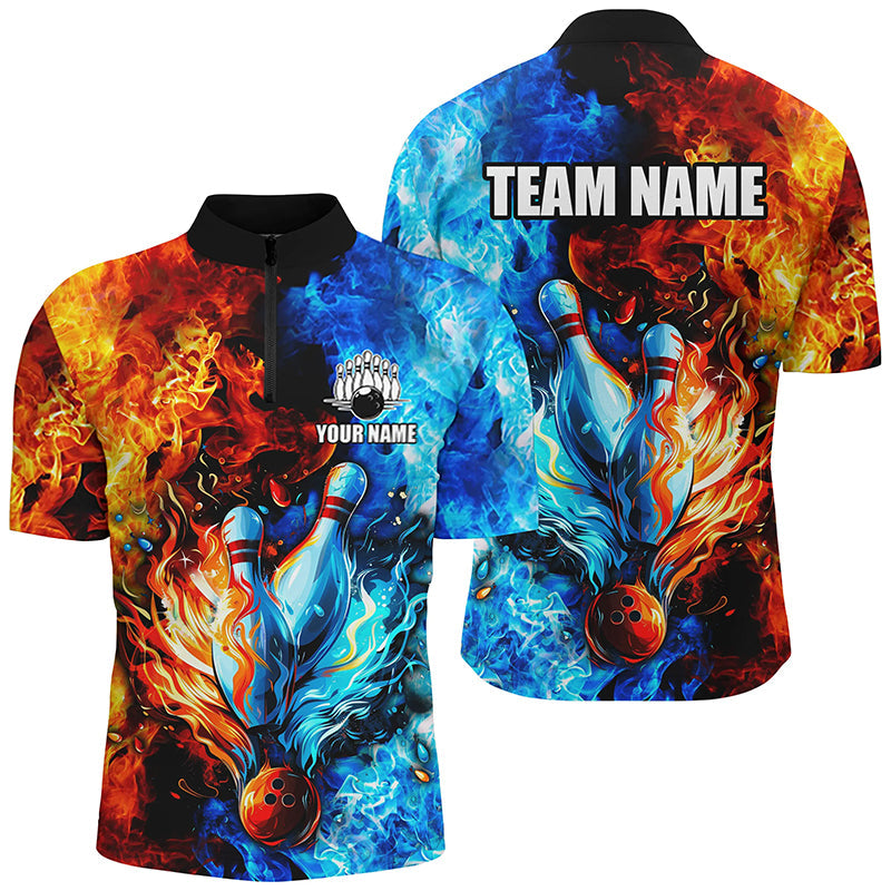 Blue and orange two sides Flame bowling Polo, Quarter Zip shirts for men Custom Bowling Team Jerseys NQS7749