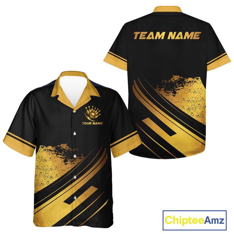 Custom Black And Gold Bowling Team Hawaiian shirt, Personalized Bowling Button up shirt NQS10219