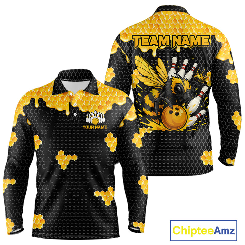 Custom Black and Yellow Honey Bee Bowling Shirts For Men, Bee Bowling Team Bowlers Outfit NQS10376