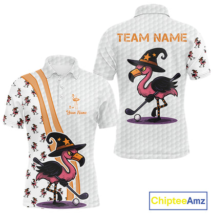Funny Mens golf polo shirt custom Halloween flamingo pattern white golf shirts NQS10377